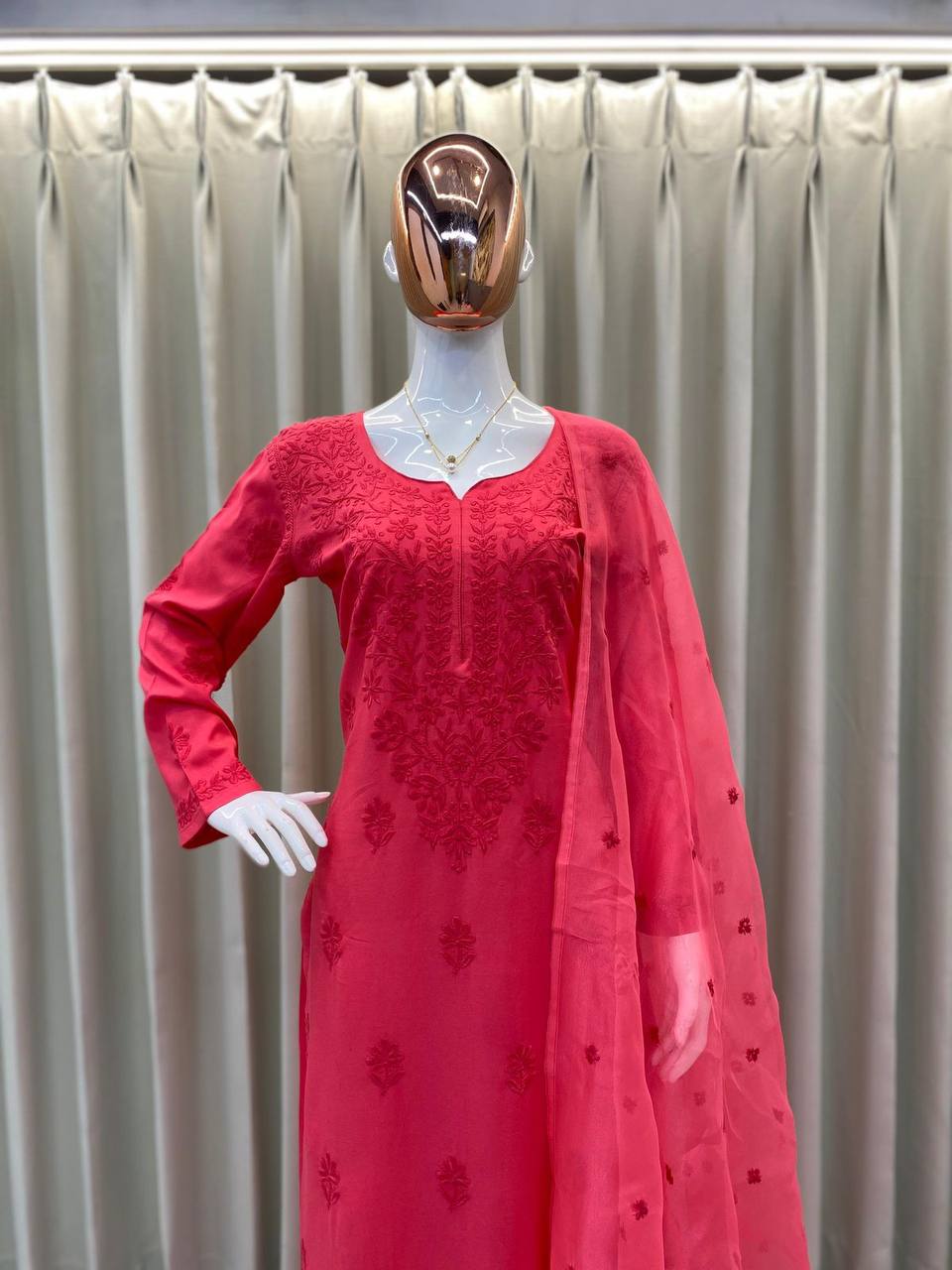 Red Chikankari set